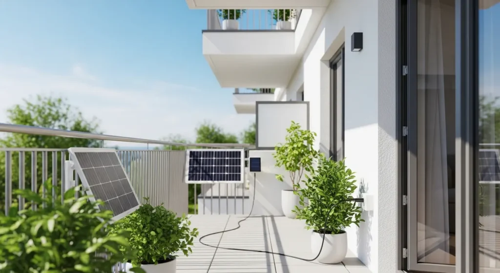 Balkon-Solaranlage auf deutscher Wohnung installiert mit Sonnenlicht