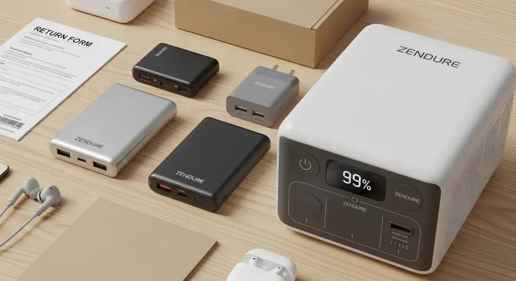 Zendure Powerbanks, Ladegerät, Rücksendeformular und drahtlose Ohrhörer auf Holzoberfläche.